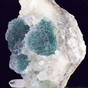 May include: A cluster of green fluorite crystals on a white quartz matrix. The fluorite crystals are translucent and have a glassy luster. The quartz matrix is opaque and has a white color.