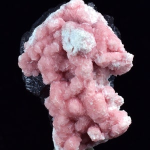 Puede incluir: Primer plano de un espécimen mineral que presenta un grupo de formaciones cristalinas de color rosa claro. El mineral rosa se encuentra sobre una matriz oscura, casi negra. El espécimen está montado sobre una pequeña base gris, con un fondo negro.