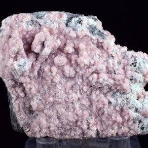 Puede incluir: Un cúmulo de cristales rosados en forma de aguja del mineral Kutnohorita sobre una matriz gris. Los cristales están densamente empaquetados y tienen un color rosa pastel suave.