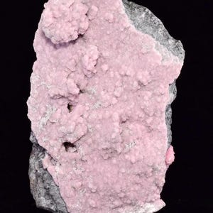 May include: A mineral specimen showing a large, irregular rock chunk with a prominent, bubble-like, light pink crystalline structure. The rock has a dark grey base and is displayed on a clear stand against a black background.
