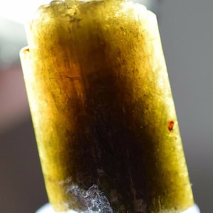 May include: A large, translucent, yellow-green crystal with a striated surface. The crystal is partially illuminated, highlighting its facets.