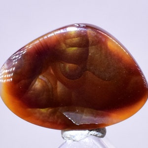 May include: A smooth, polished, brown agate stone with swirling patterns of orange, yellow, and white.