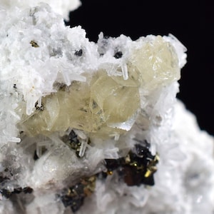 May include: A cluster of pale yellow fluorite crystals on a matrix of white quartz and black pyrite. The fluorite crystals are translucent and have a glassy luster.