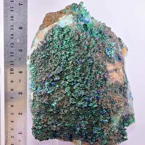 May include: A rough-hewn mineral specimen featuring a textured surface with a mix of green, blue, and brown hues. The mineral is approximately 7 inches tall, as measured by a ruler placed next to it. The specimen is displayed against a white background.