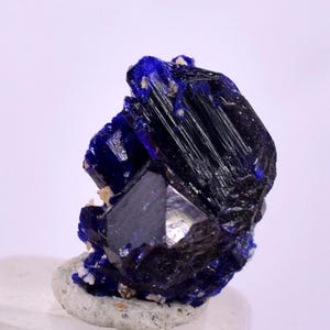 Puede incluir: Primer plano de un espécimen mineral con cristales de azurita azul oscuro. Los cristales están agrupados en una matriz oscura, casi negra. El espécimen está montado sobre una base clara, resaltando el vibrante color azul.