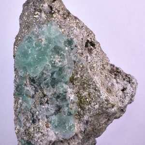 Op de afbeelding: Een groen fluoriet specimen ingebed in een grijze matrix met pyrietkristallen. De fluoriet is doorschijnend en heeft een glazige glans. De pyrietkristallen zijn metaalachtig en hebben een kubische vorm.