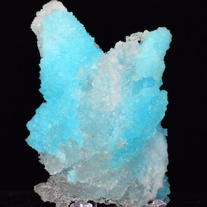 Może przedstawiać: Żywy, krystaliczny okaz mineralny, charakteryzujący się uderzającą kombinacją jasnoniebieskich i białych odcieni. Powierzchnia minerału ma teksturowany, szorstki wygląd z przezroczystą podstawą. Okaz jest prezentowany na przezroczystym stojaku na czarnym tle.