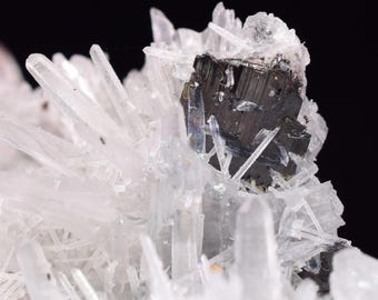 May include: Close-up of a mineral specimen featuring a cluster of clear, needle-like crystals surrounding a dark, metallic-looking core. The crystals are translucent, with a slight sparkle, set against a black background.