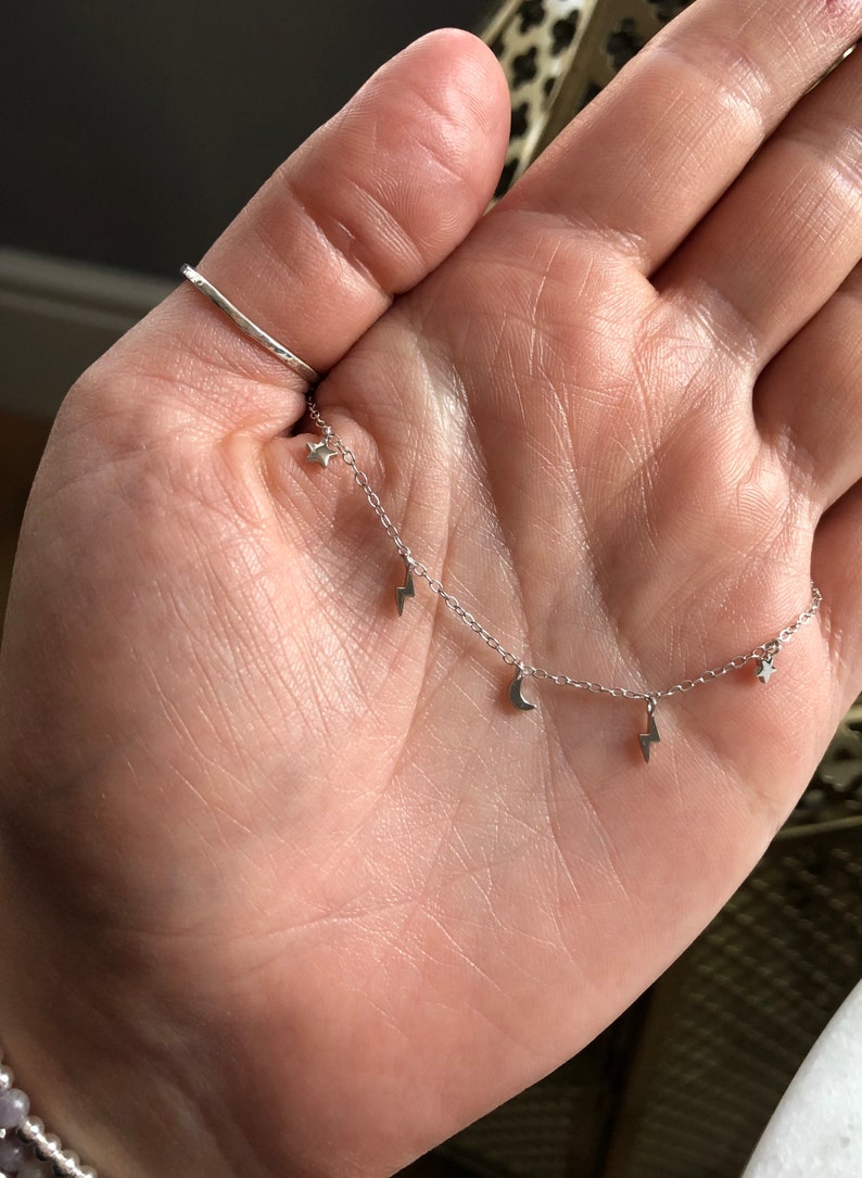 Sterling Silver Lightning Bolt Star and Moon Necklace