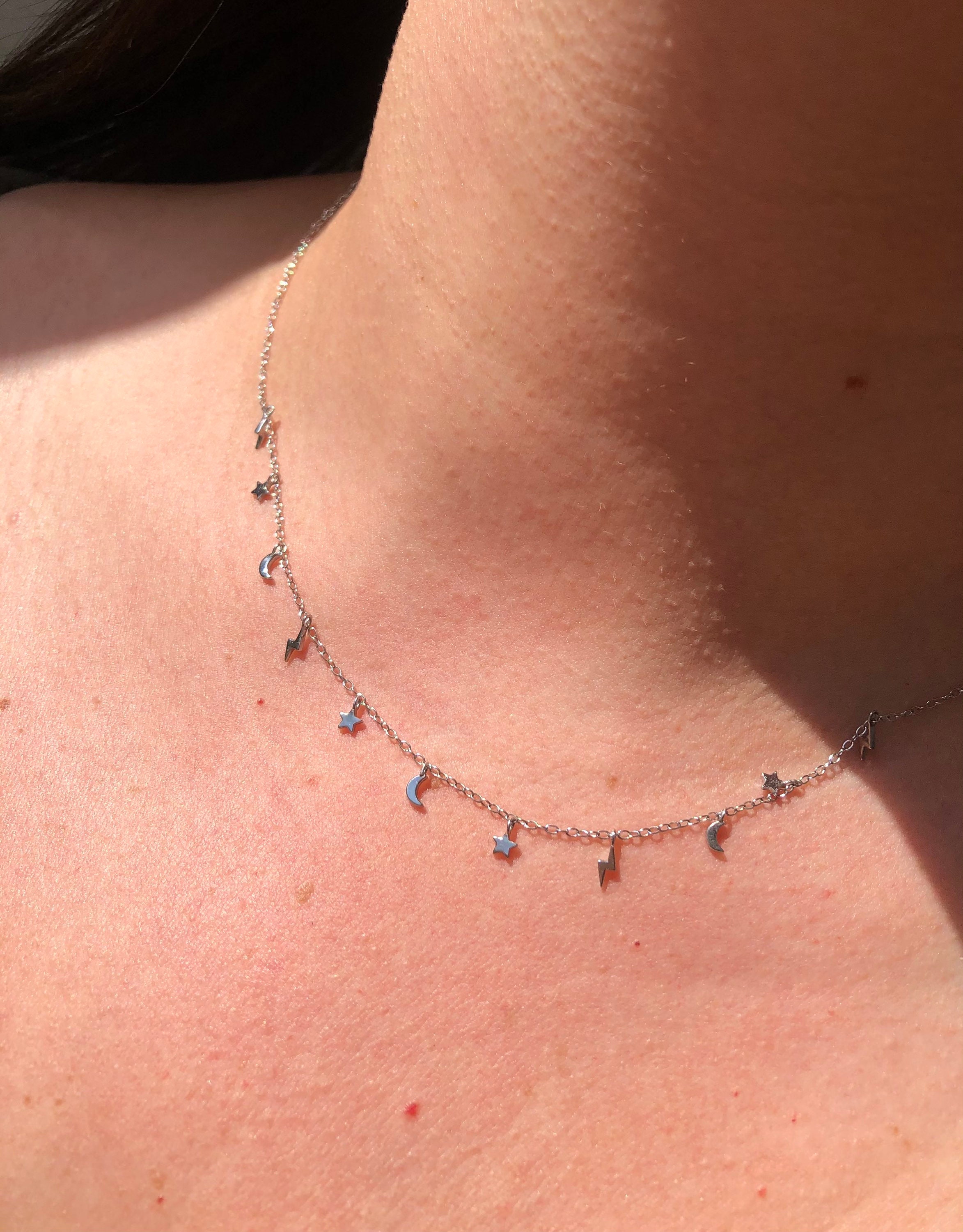 Sterling Silver Lightning Bolt Star and Moon Necklace