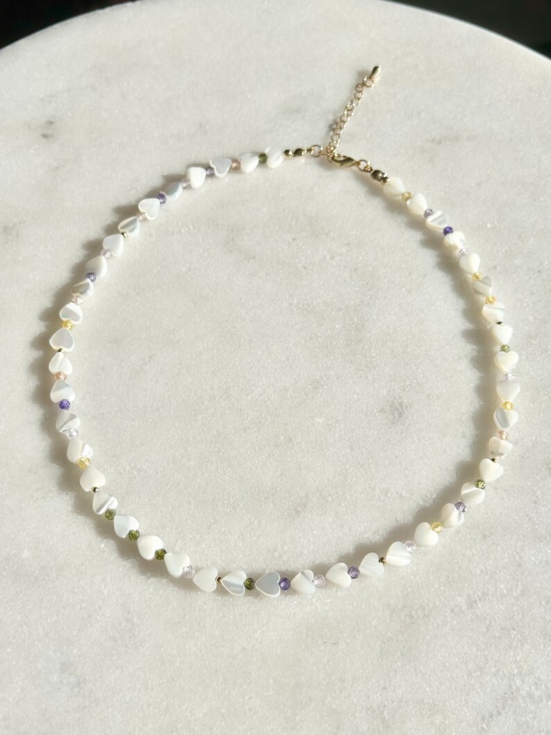 Tiny Gemstone Beaded Necklace with Pearl Heart image 6