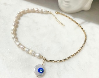 Freshwater Pearl Evil Eye Gold Chain Necklace