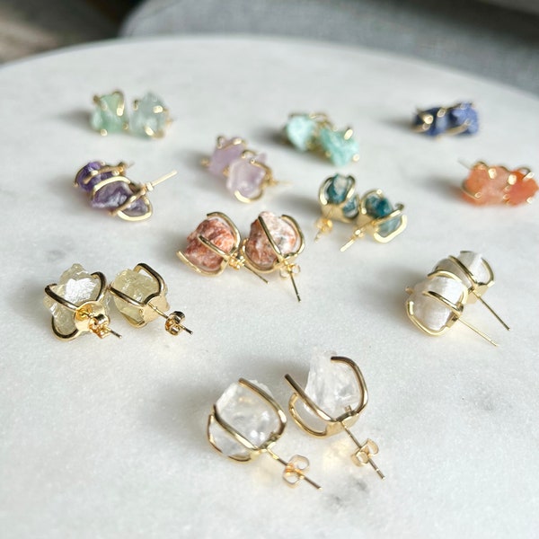 Raw Gemstone Stud Earrings, Healing Crystal Earrings, Crystal Chip Earrings