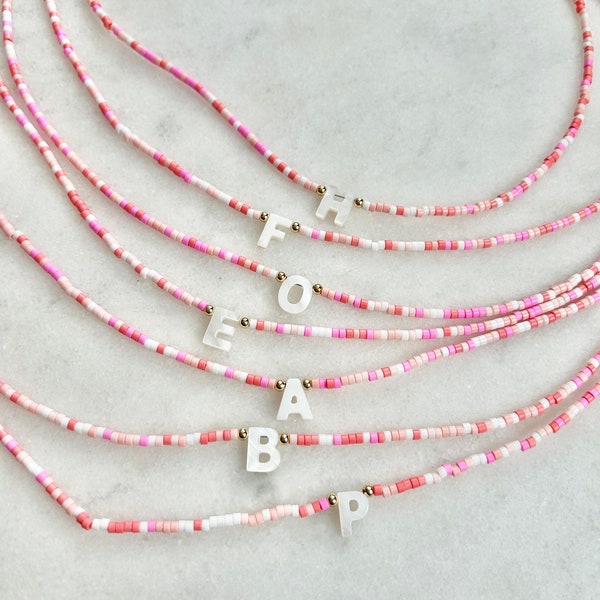 Tiny Pink Beaded Initial Necklace with Pearl Letter