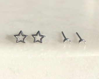 Sterling Silver Star and Moon Stud Earrings/ Minimalist Earrings / Tiny Stud Earrings