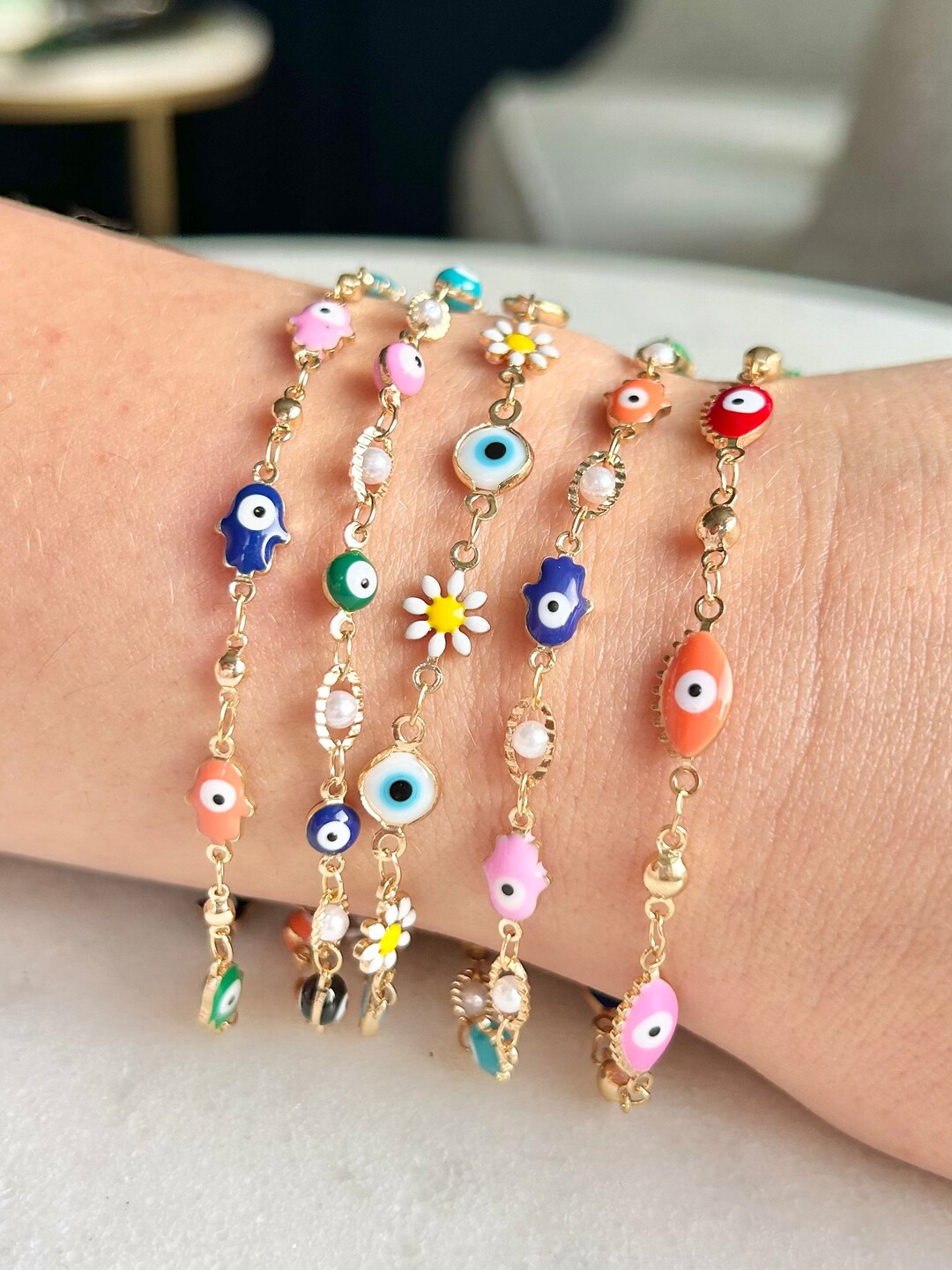 Gold Evil Eye Hamsa Hand Enamel Bracelet Etsy