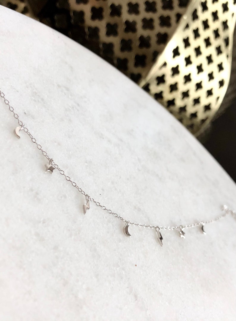 Sterling Silver Lightning Bolt Star and Moon Necklace