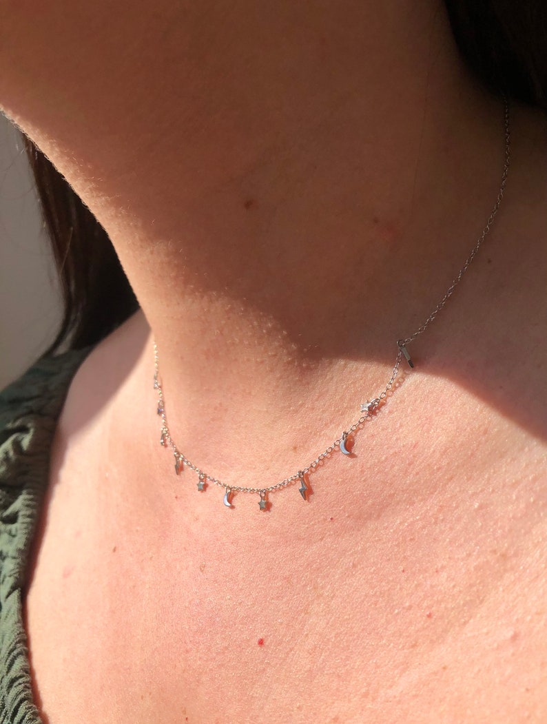 Sterling Silver Lightning Bolt Star and Moon Necklace