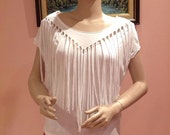 SALE,White Blouse Elegant,Tasseled Blouse,bohemian Blouse,disco tops,Hippie tops,cotton stretch Summer Casual day Blouse,Size,M-L,gift women