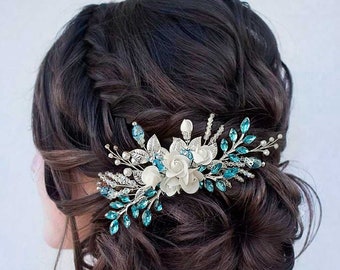 Turquoise Bridal Hair Comb with Turquoise Crystals and flowers Turquoise Crystal Hair Comb for Wedding Brides