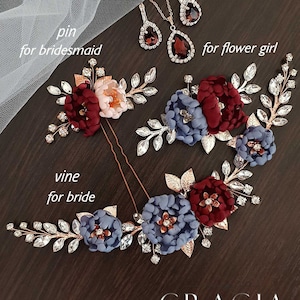 Dusty Blue Wedding Hairpiece Bugundy flower headpiece Dusty Blue Flower comb Burgundy Floral Hair Comb Dusty Blue hair clip Blue hairpiece