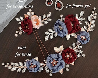 Dusty Blue Wedding Hairpiece Bugundy flower headpiece Dusty Blue Flower comb Burgundy Floral Hair Comb Dusty Blue hair clip Blue hairpiece