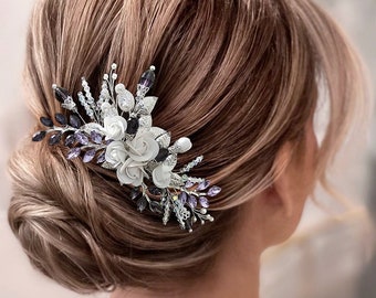 Purple Bridal Hair Comb with Purple and Lilac Crystals and flowers Purple Crystal Hair Comb for Wedding Brides