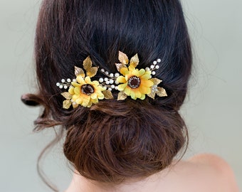 Sunflower bridal headpiece Sunflower hair pins Sunflower hair piece Flower hairpins Sunflower wedding headpiece Fall floral pin Fall wedding