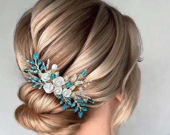 Turquoise Bridal Hair Comb with Turquoise Crystals and flowers Turquoise Crystal Hair Comb for Wedding Brides