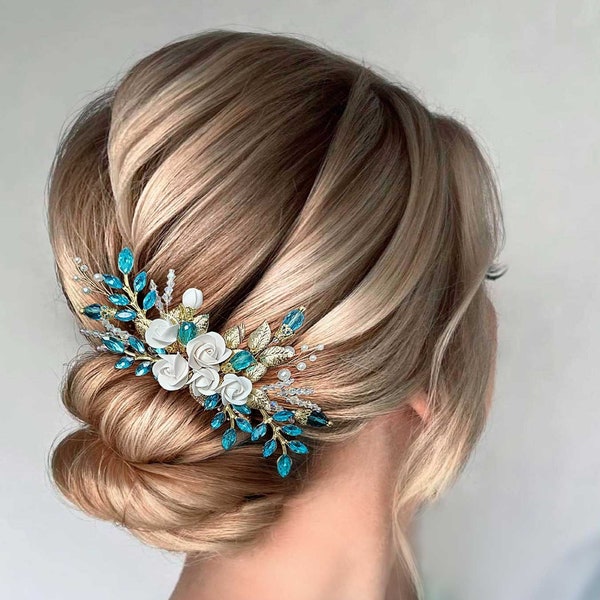 Peigne à cheveux de mariée turquoise avec cristaux turquoise et fleurs Peigne à cheveux en cristal turquoise pour les mariées de mariage