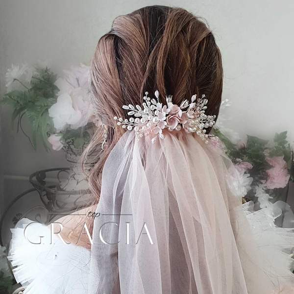 Blush Wedding veil and headpiece Blush Wedding Veil fingertip Wedding veil comb Blush Bridal hair comb and veil Bridal veils with blusher