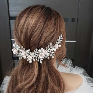blush bridal hair piece Blush flower hair clip Blush wedding comb Blush crystal hairpiece Blush hair clip Floral blush hair accessory