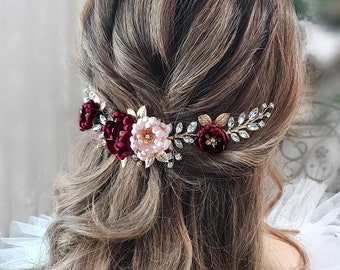 Burgundy Blush Hair piece Bugundy hair piece Bugundy Hair flower Wedding headpiece Burgundy Hair Comb Burgundy hair vine Marsala hairpiece