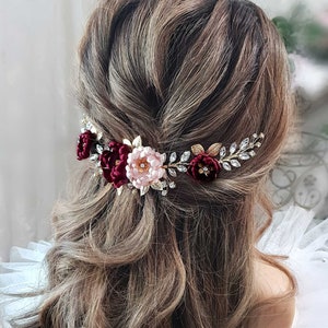 Burgundy Blush Hair piece Bugundy hair piece Bugundy Hair flower Wedding headpiece Burgundy Hair Comb Burgundy hair vine Marsala hairpiece