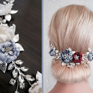 Dusty Blue Wedding Hairpiece Bugundy flower headpiece Dusty Blue Flower comb Burgundy Floral Hair Comb Dusty Blue hair clip Blue hairpiece