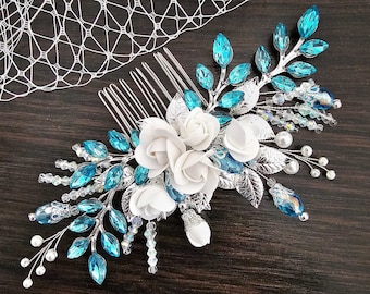 Turquoise Bridal Hair Comb with Turquoise Crystals and flowers Turquoise Crystal Hair Comb for Wedding Brides