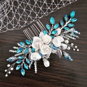 Turquoise Bridal Hair Comb with Turquoise Crystals and flowers Turquoise Crystal Hair Comb for Wedding Brides