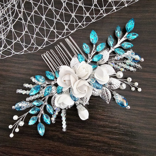 Turquoise Bridal Hair Comb with Turquoise Crystals and flowers Turquoise Crystal Hair Comb for Wedding Brides