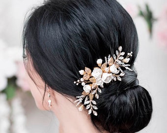 Crystal Bridal Comb Floral Rhinestone Wedding Comb White or Ivory Flower Clip Gold Bridal Hair Comb Rose Wedding hairpiece Wedding Hair Comb
