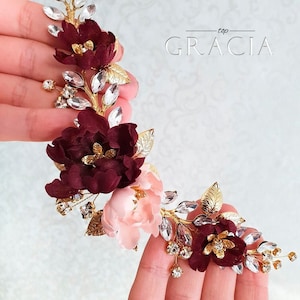 Burgundy Blush Wedding Hairpiece Bugundy flower headpiece Maroon Flower comb Burgundy Floral Hair Comb Burgundy hair clip Marsala hairpiece