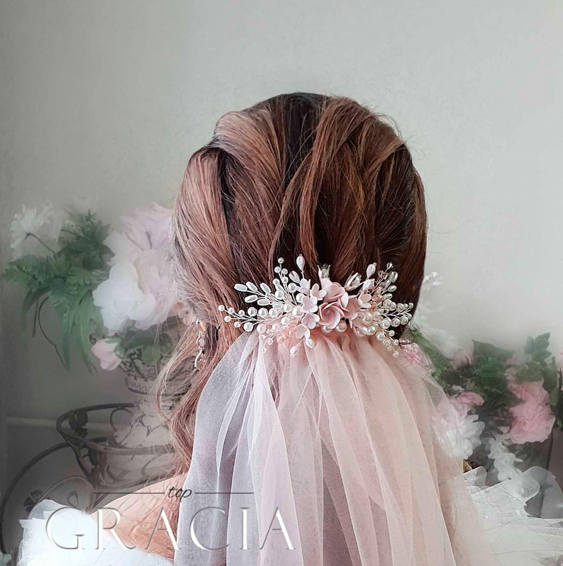 Blush Wedding veil and headpiece Blush Wedding Veil fingertip Wedding veil comb Blush Bridal hair comb and veil Bridal veils with blusher image 1