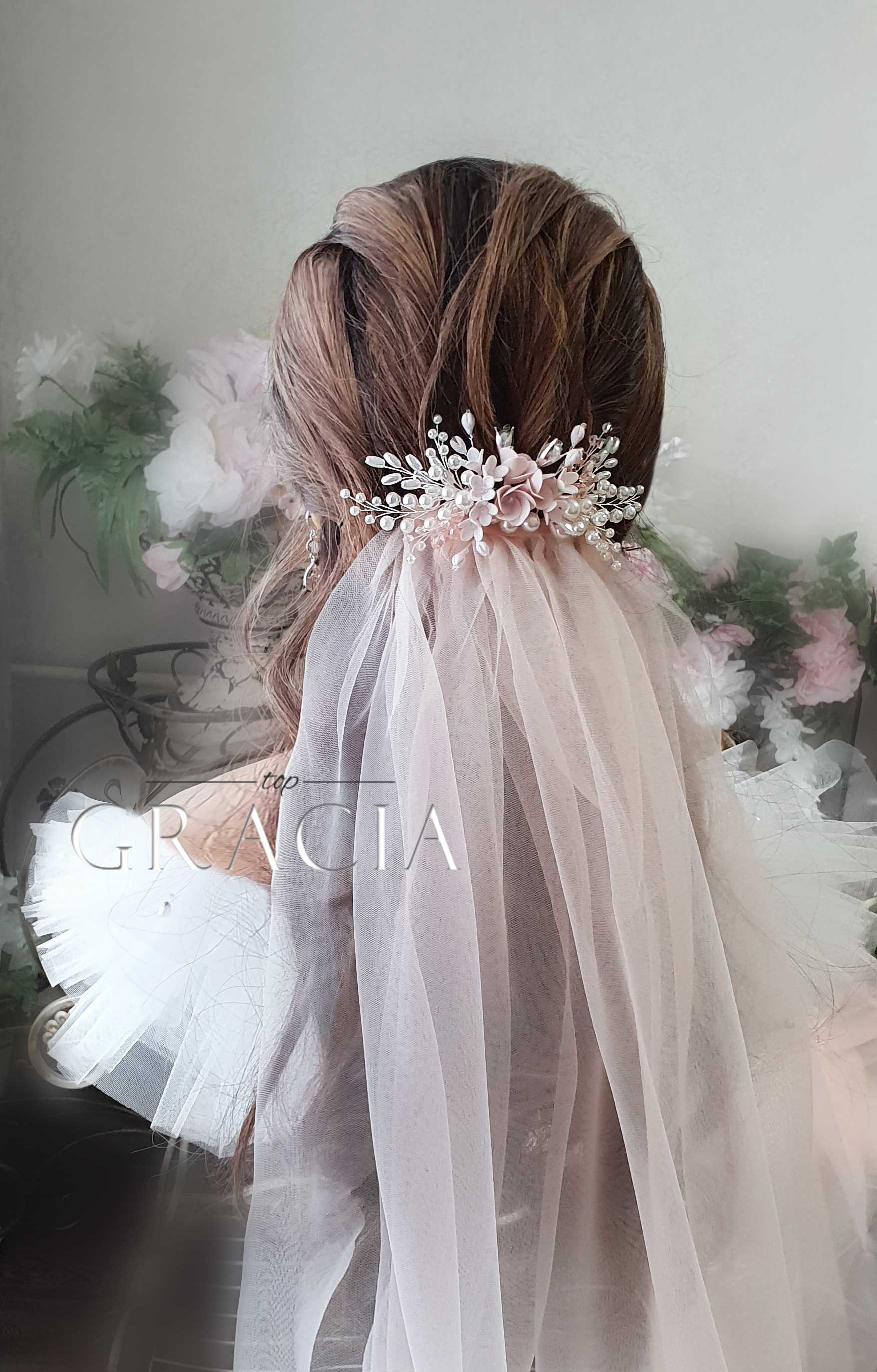 Wedding Headwear Set Crystal Pearl Hair Comb and One Tier Soft Sheer Plain Bridal  Veil TSDZ038