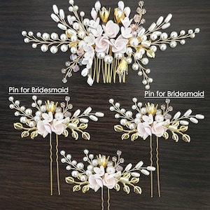 May include: Set of four gold hair accessories with blush pink flowers and pearl accents. The set includes a comb and three hair pins. "Set of 4", "Comb for Bride", and "Pin for Bridesmaid" are written on the image.