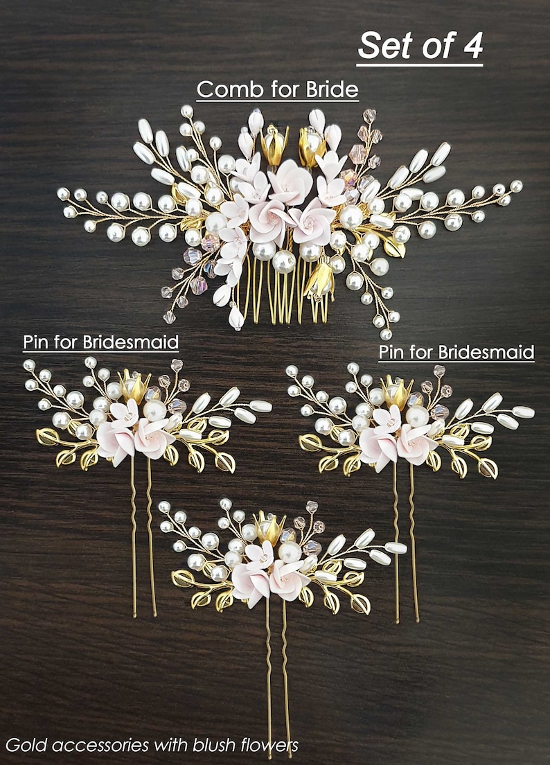 May include: Set of four gold hair accessories with blush pink flowers and pearl accents. The set includes a comb and three hair pins. "Set of 4", "Comb for Bride", and "Pin for Bridesmaid" are written on the image.