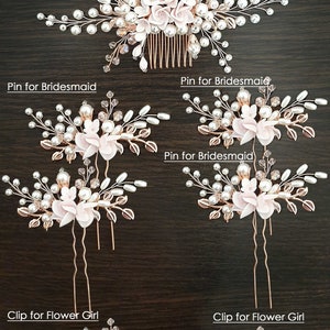 May include: Set of seven rose gold hair accessories featuring blush pink flowers and pearls. The set includes a comb for the bride, two pins for bridesmaids, and two clips for flower girls.  "Set of 7" is written at the top of the image.