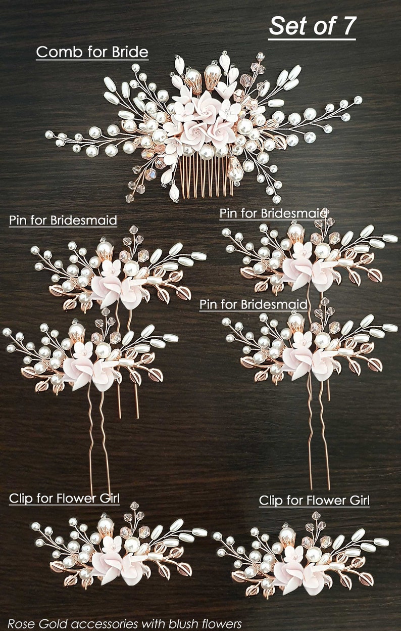 May include: Set of seven rose gold hair accessories featuring blush pink flowers and pearls. The set includes a comb for the bride, two pins for bridesmaids, and two clips for flower girls.  "Set of 7" is written at the top of the image.