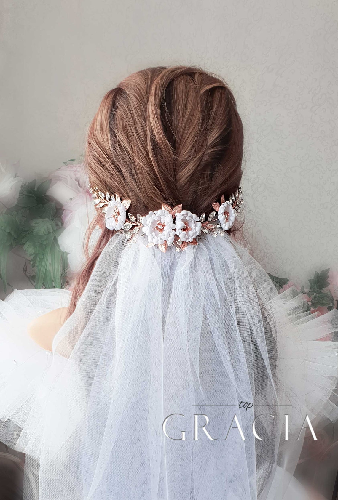 Rose Gold Bridal Hair Comb and Veil Wedding Veil and Headpiece Etsy