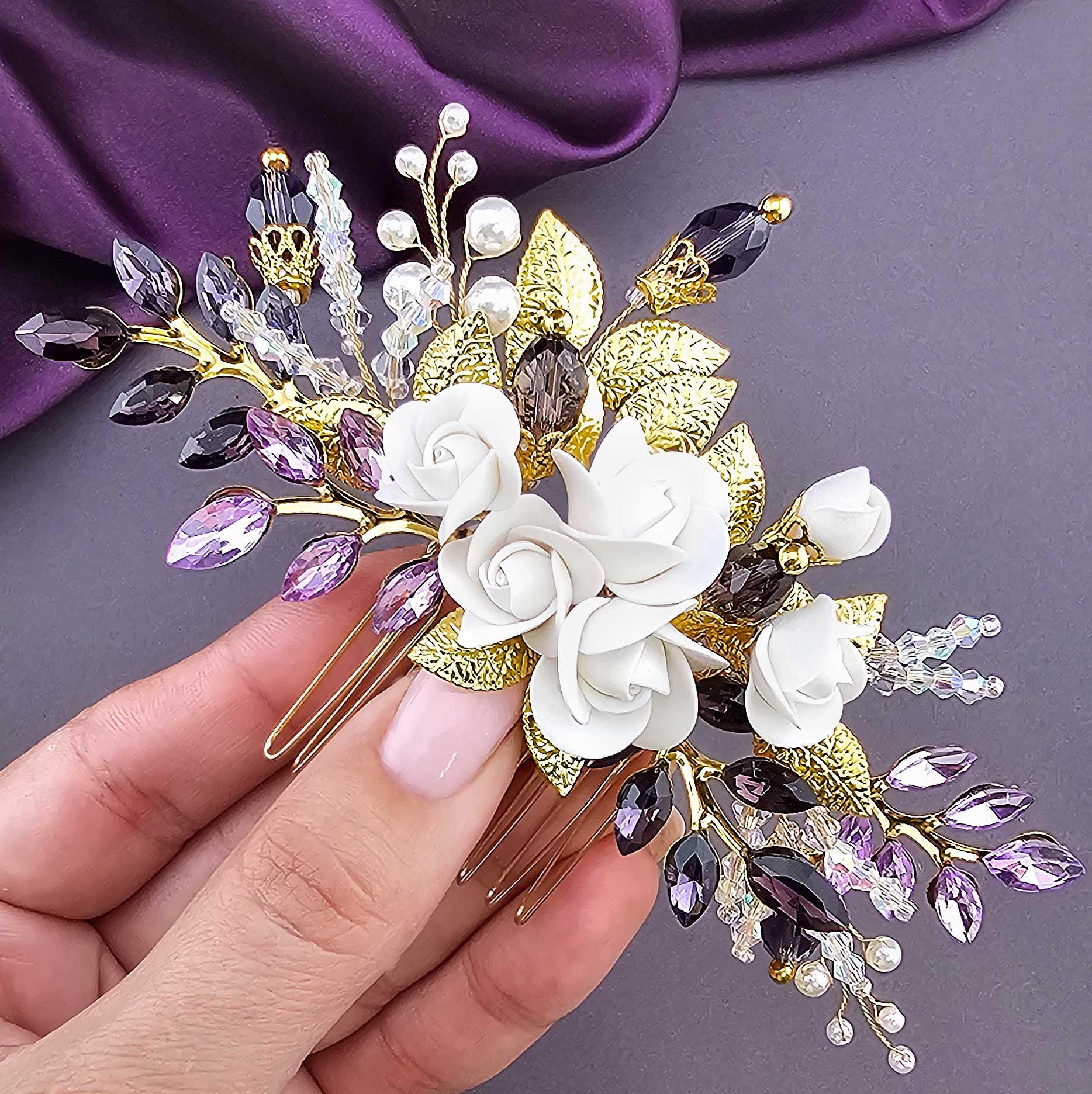 Set of 2 Purple Rhinestone Silver Tone Metal Hair Comb Hair  NEW Hair Comb With Rhinestones Purple - Etsy main image 3