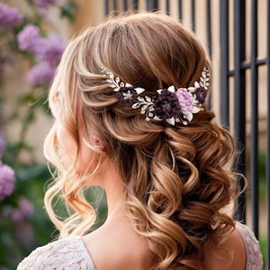 Purple Bridal Hair Comb with Crystals and Violet flowers Purple Lilac Hair Comb for Wedding Brides Violet Lilac Hair Vine for Brides