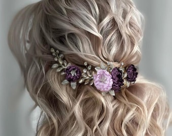 Purple Lilac Wedding Hair Accessory - Comb with Crystals and Purple & Violet Silk flowers - Purple Lilac flower Hair Clip, Prom Hairpiece